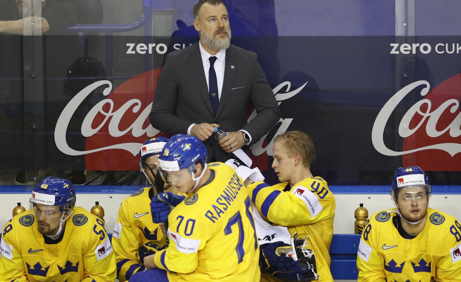 Sweden&#039;s head coach Rikard Groenborg stands by the bench during the Ice Hockey World Championships quarterfinal match between Finland and Sweden at the Steel Arena in Kosice, Slovakia, Thursday,  ...