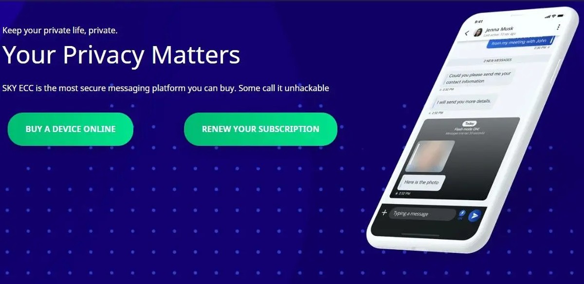 Impossible à pirater? Capture d'écran datée de 2021 du site skyecc.com.