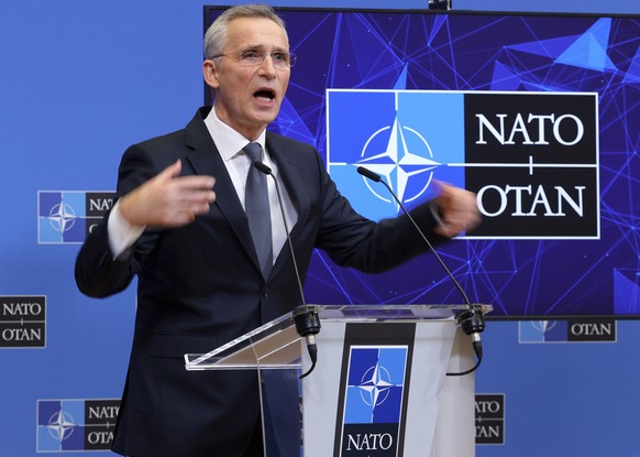 NATO Secretary General Jens Stoltenberg speaks during a media conference after an extraordinary meeting of NATO Ministers of Foreign Affairs via video link at NATO headquarters, in Brussels, Friday, J ...
