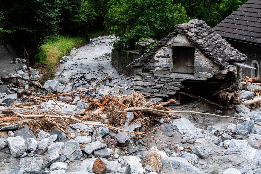 Destructed houses and debris in Fontana, Val Bavona, in the Maggia Valley, near Cevio, southern Switzerland, Wednesday, July 3, 2024. Severe storms and torrential rain over the weeken have destroid ho ...