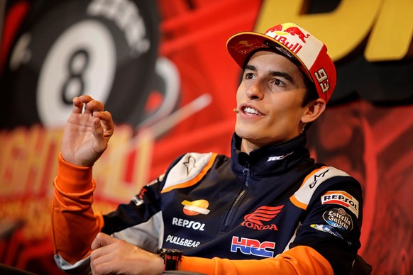 epa07984165 2019 MotoGP world champion Spanish Marc Marquez and his brother Alex Marquez (unseen), 2019 Moto2 world champion, attend a press conference during the celebrations of their titles in Cerve ...