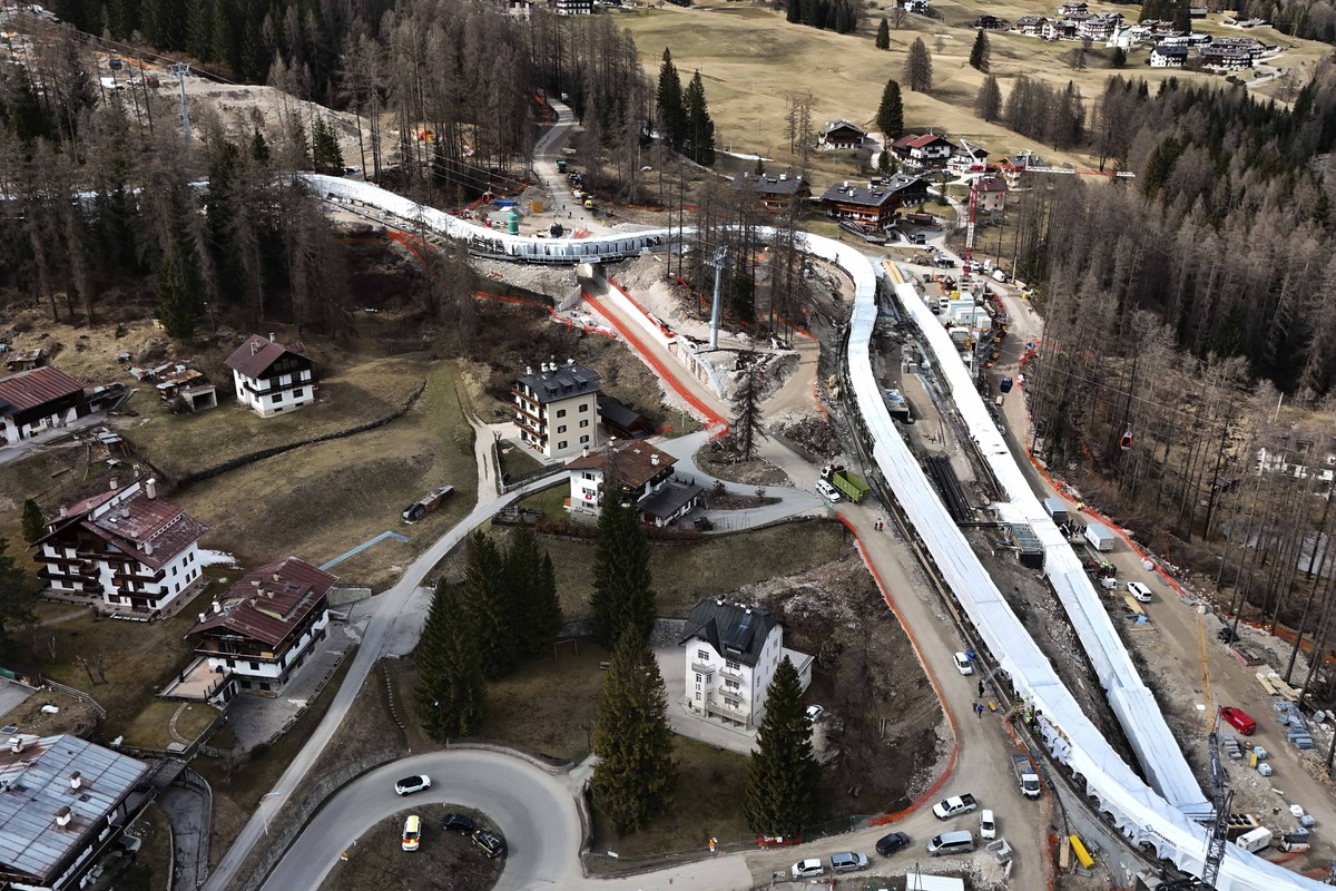 Construction work takes place at the Cortina Sliding Center, venue for the bob, luge and skeleton disciplines at the Milan Cortina 2026 Winter Olympics, in Cortina D'Ampezzo, Italy, Tuesday, Marc ...