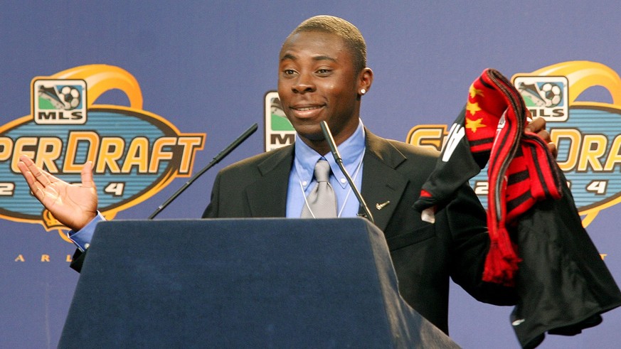 Soccer phenom Freddy Adu, 14, addresses the audience after being chosen by D.C. United as the first pick in the Major League Soccer draft at the Charlotte Convention Center in Charlotte, N.C., Friday, ...