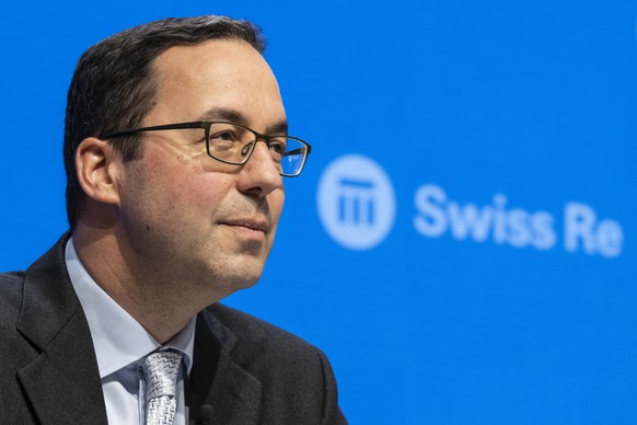 CEO Christian Mumenthaler speaks during the press conference of the full-year results 2022 of the reinsurance company Swiss Re in Zurich, Switzerland, Friday, Feburary 17, 2023. (KEYSTONE/Ennio Leanza ...