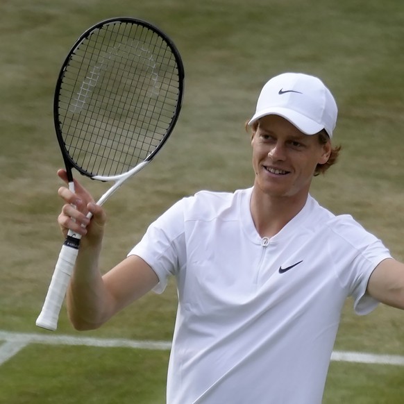 Italy&#039;s Jannik Sinner celebrates after beating John Isner of the US in their men&#039;s singles third round match on day five of the Wimbledon tennis championships in London, Friday, July 1, 2022 ...
