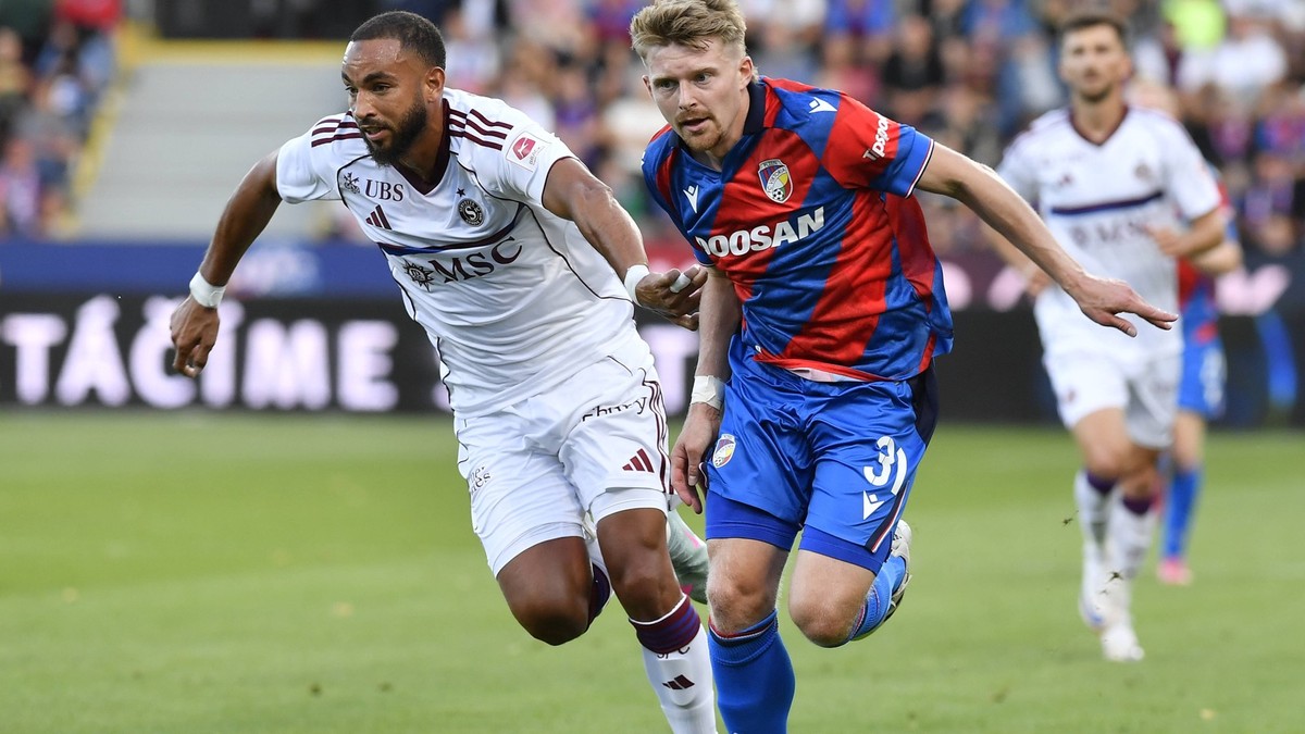 From left Anthony Baron of Servette and Pavel Sulc of Pilsen in action during the European League 2nd qualifying round opening match Viktoria Plzen vs Servette Geneva in Plzen, Czech Republic, July 22 ...