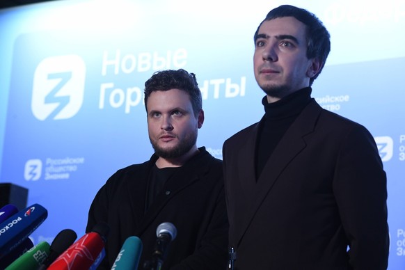 Moscow. Prankers Alexey Stolyarov Lexus and Vladimir Kuznetsov Vovan at the left naprvo during performance An intellectual prank call: new ways of obtaining exclusive information. The theory and pract ...