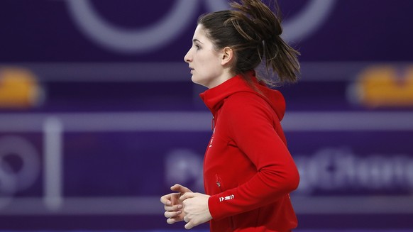 Ramona Haerdi of Switzerland exercises during a speedskating training session at the Gangneung Oval at the 2018 Winter Olympics in Gangneung, South Korea, Tuesday, Feb. 20, 2018. (AP Photo/Vadim Ghird ...