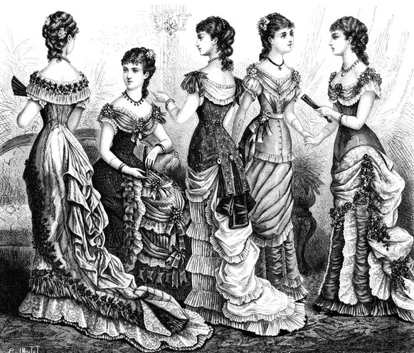 Die vom Korsett geformte Kleidung von Frauen des viktorianischen Zeitalters (1837–1901).