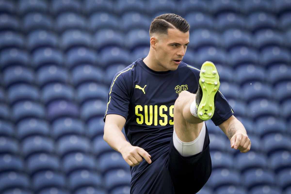 epa07625520 Switzerland's midfielder Granit Xhaka in action during a training session at the Dragao stadium in Porto, Portugal, 04 June 2019. Switzerland will face Portugal in their UEFA Nations  ...