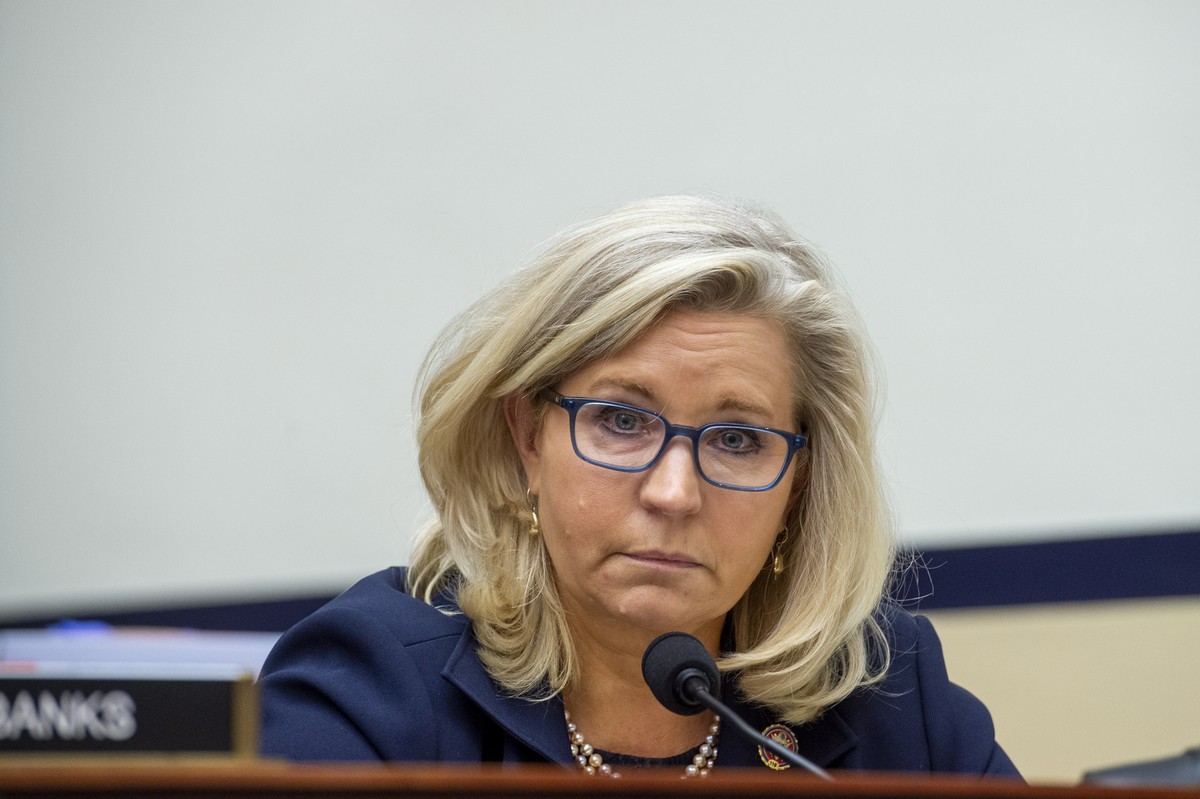epa09495774 United States Representative Liz Cheney (Republican of Wyoming) questions the panel during a House Armed Services Committee hearing on 'Ending the U.S. Military Mission in Afghanistan ...