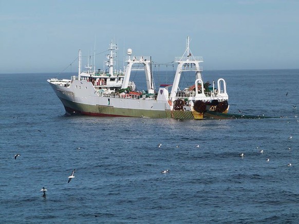 epa06497425 An undated handout photo made available by the Ministry of Security of Argentina on 05 February 2018, shows a Spanish fishing boat that carried 320 tons of fresh hake, pollock, squid and r ...
