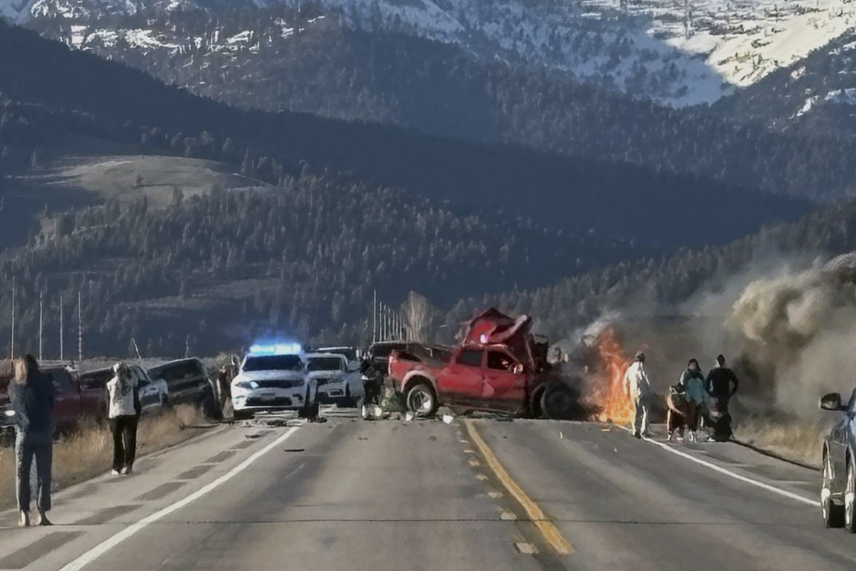 Rescue workers arrive to the scene after a deadly collision between a pickup truck and tour van near Henry?s Lake State Park in eastern Idaho on Thursday, May 1, 2025. (Roger Merrill via AP)
APTOPIX Y ...