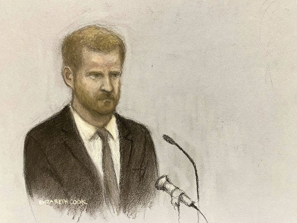 Court artist sketch by Elizabeth Cook Britain&#039;s Prince Harry gives evidence at the Rolls Buildings in central London, Tuesday, June 6, 2023 during the phone hacking trial against Mirror Group New ...