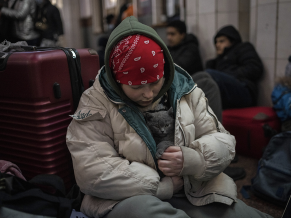 Ein ukrainisches Mädchen kuschelt ihre Katze in ihrem Mantel am Bahnhof von Lwiw, Ukraine, 28. Februar 2022.