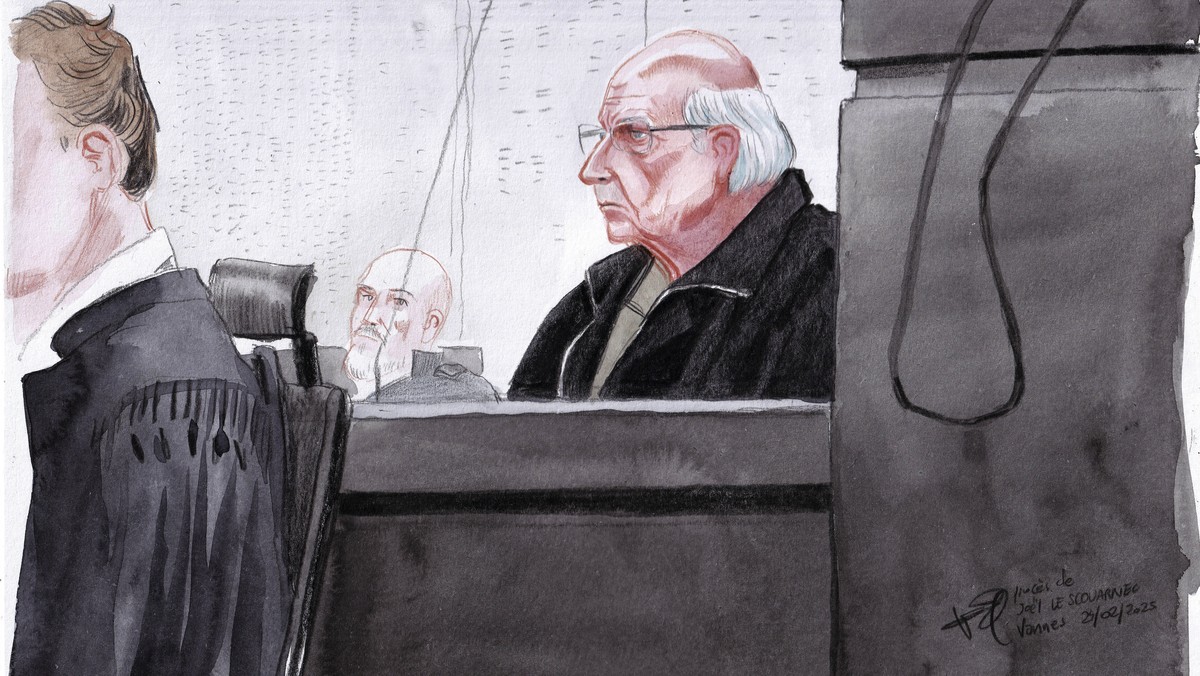 This courtroom sketch by Valentin Pasquier shows Joel Le Scouarnec, now 74, sitting in courtroom and accused of raping or abusing 299 people, mostly child patients, at the Vannes courthouse, western F ...