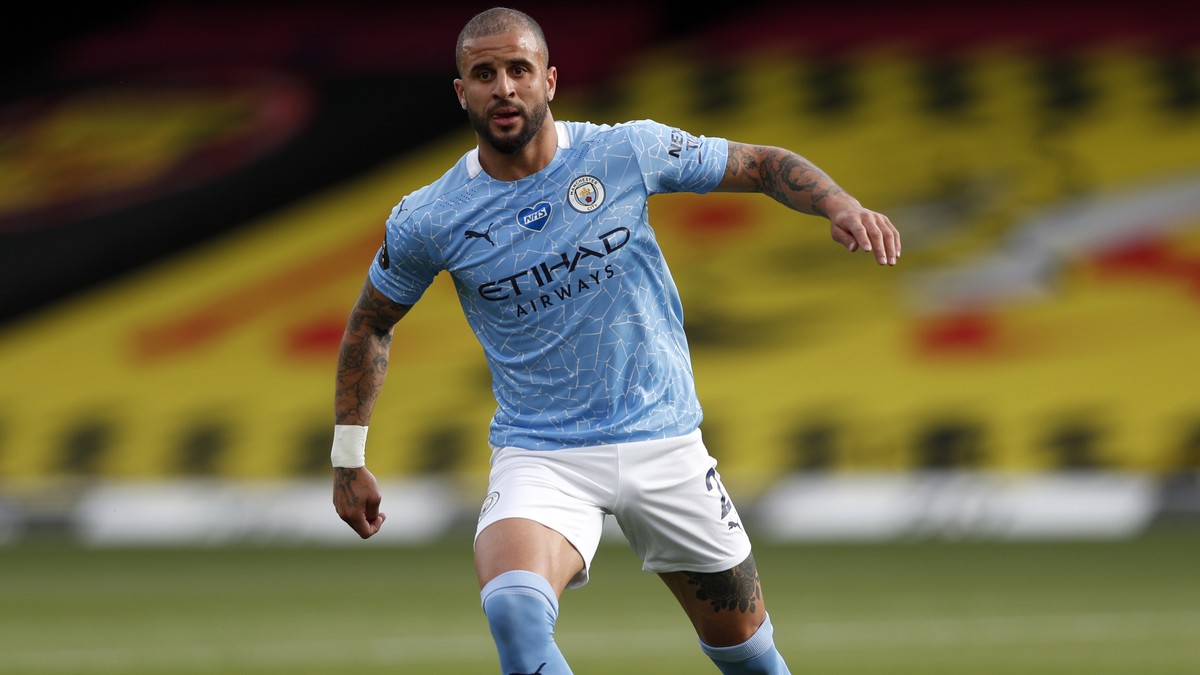Manchester City's Kyle Walker controls the ball during the English Premier League soccer match between Watford and Manchester City at the Vicarage Road Stadium in Watford, England, Tuesday, July  ...