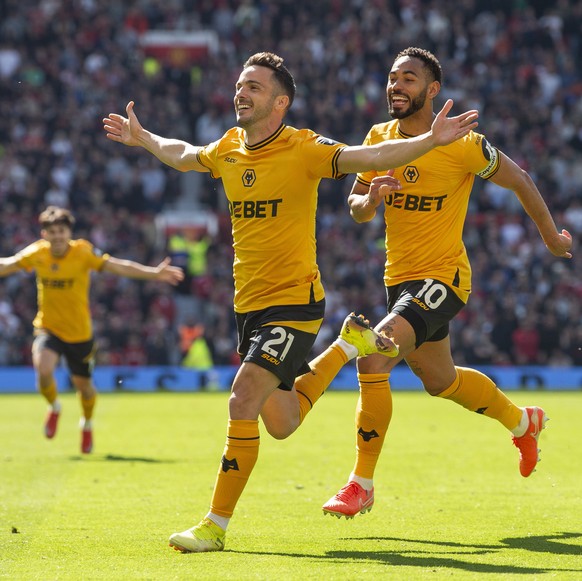 epa12042819 Pablo Sarabia of Wolverhampton Wanderers celebrates after scoring the opening goal during the English Premier League match between Manchester United and Wolverhampton Wanderers in Manchest ...