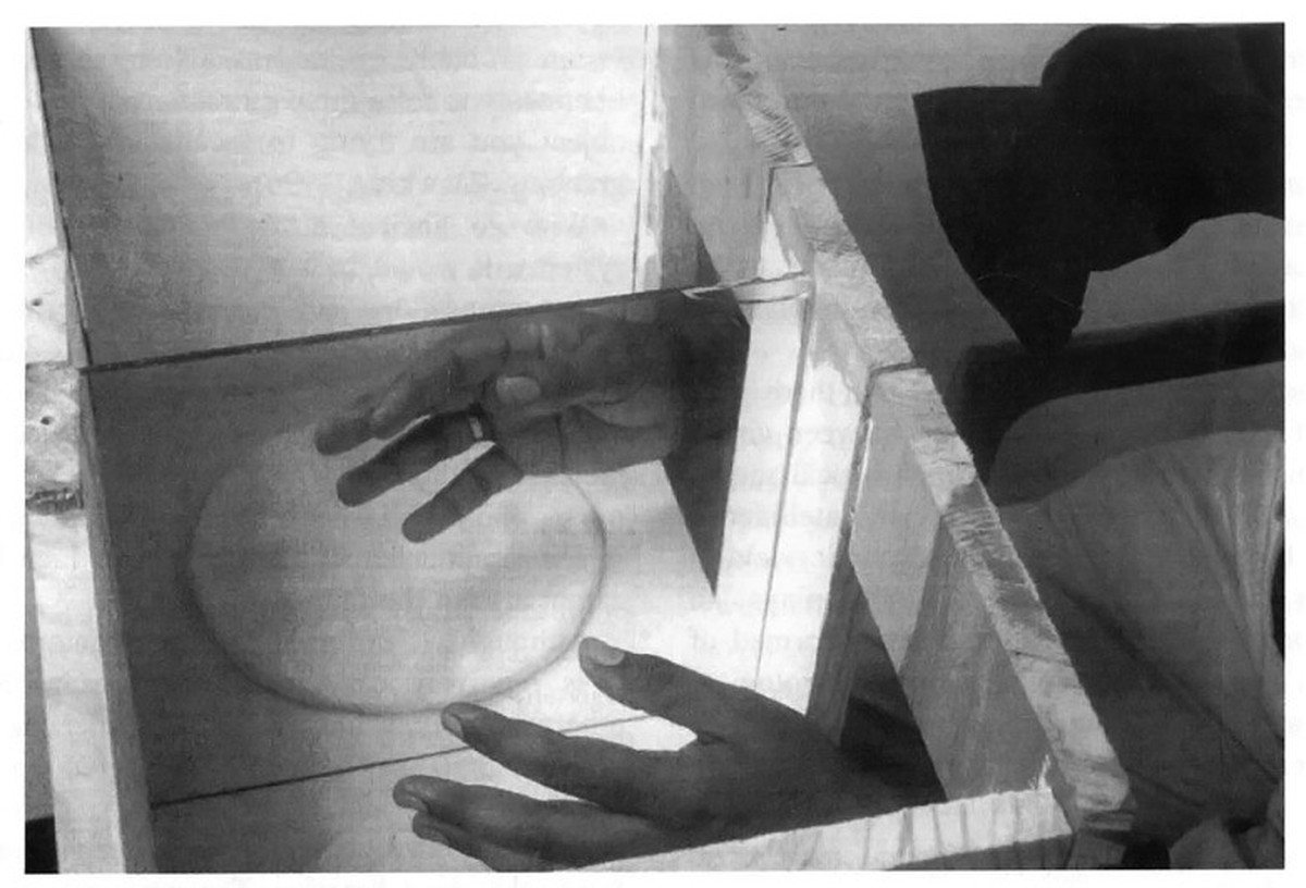The mirror box. A mirror is placed vertically in the centre of a wooden or cardboard box whose top and front surfaces have been removed. The patient places his normal hand on one side and looks into t ...