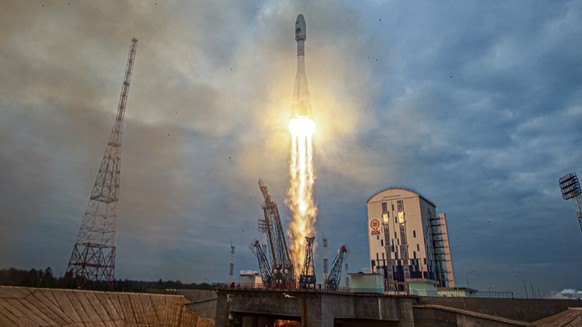 In this image made from video released by Roscosmos State Space Corporation, the Soyuz-2.1b rocket with the moon lander Luna-25 automatic station takes off from a launch pad at the Vostochny Cosmodrom ...