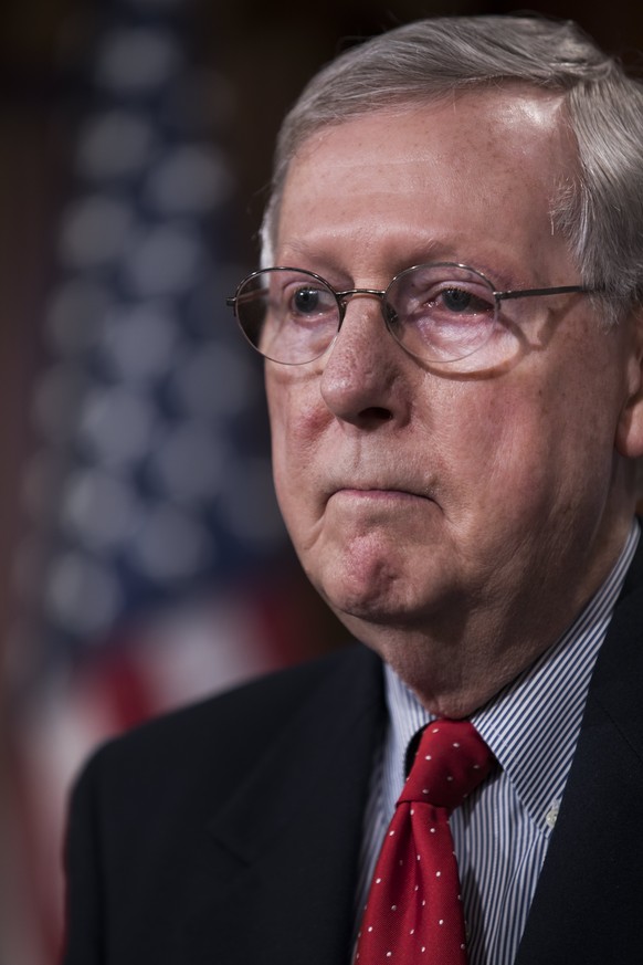 epa05800135 Republican Majority Leader from Kentucky Mitch McConnell speaks to the media in the U.S. Capitol in Washington, DC, USA, 17 February 2017. McConnell spoke about the Pruitt vote, repealing  ...