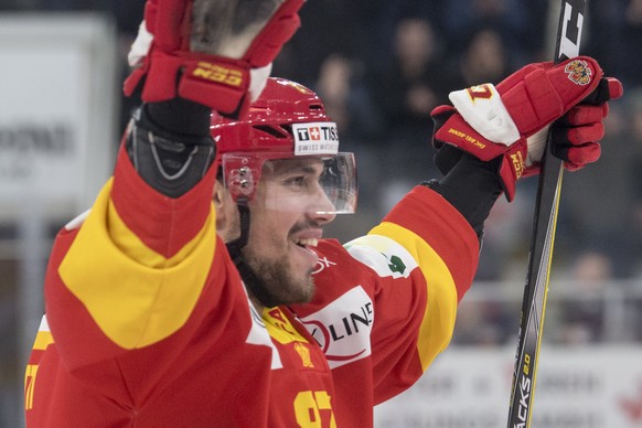 Biels Marco Pedretti jubelt waehrend dem Eishockeyspiel der National League zwischen dem EHC Biel und dem SC Bern, am Samstag 13. Januar 2018, in der Tissot Arena in Biel. (KEYSTONE/Marcel Bieri)