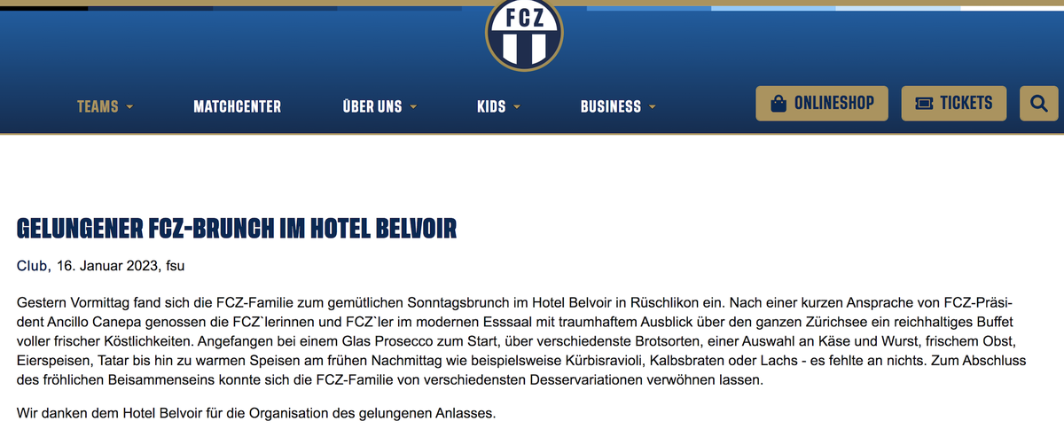 Am Montag erschien eine Mitteilung zum Brunch auf der Webseite des FCZ.