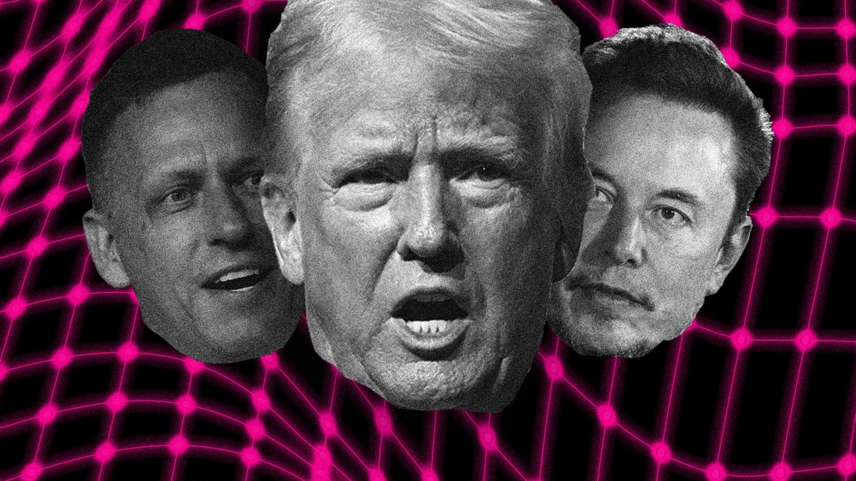Donald Trump und die Tech-Oligarchen Elon Musk und Peter Thiel. Was wollen die Tech-Oligarchen von Trump? Die Köpfe von Peter Thiel und Elon Musk im Hintergrund mit Donald Trump im Vordergrund