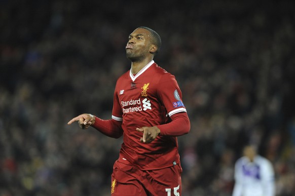 Liverpool&#039;s Daniel Sturridge celebrates after scoring his side&#039;s third goal during the Champions League Group E soccer match between Liverpool and Maribor at Anfield, Liverpool, England, Wed ...