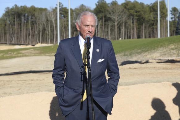 South Carolina Republican Gov. Henry McMaster speaks to reporters after a groundbreaking for a new interstate exit for the Scout Motors plant on Monday, Feb. 3, 2025, in Blythewood, S.C. (AP Photo/Jef ...