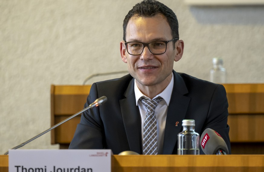 Der in die Regierung des Kantons Basel-Landschaft gewaehlte Thomi Jourdan (EVP, neu) an einem Point de Presse nach den Gesamterneuerungswahlen in Liestal, am Sonntag, 12. Februar 2023. (KEYSTONE/Georg ...