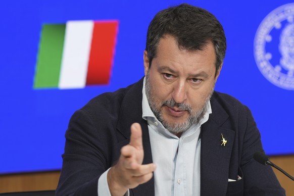 Italian Vice Premier and Minister of Transport Matteo Salvini holds a press conference about the decision to approve work on the Strait of Messina suspension bridge linking the Italian mainland with S ...