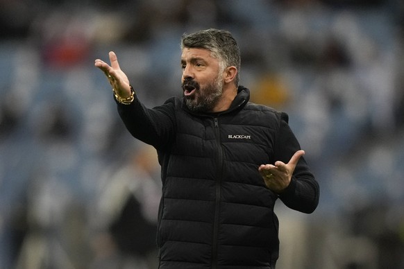 Valencia's head coach Gennaro Gattuso reacts during a semi-final of the Spanish Super Cup between Real Madrid and Valencia in Riyadh, Saudi Arabia, Wednesday, Jan. 11, 2023. (AP Photo/Hussein Malla)