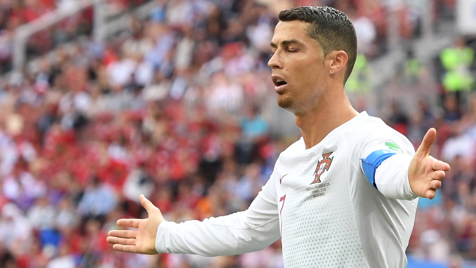 epa06824490 Cristiano Ronaldo of Portugal reacts during the FIFA World Cup 2018 group B preliminary round soccer match between Portugal and Morocco in Moscow, Russia, 20 June 2018.

(RESTRICTIONS AP ...