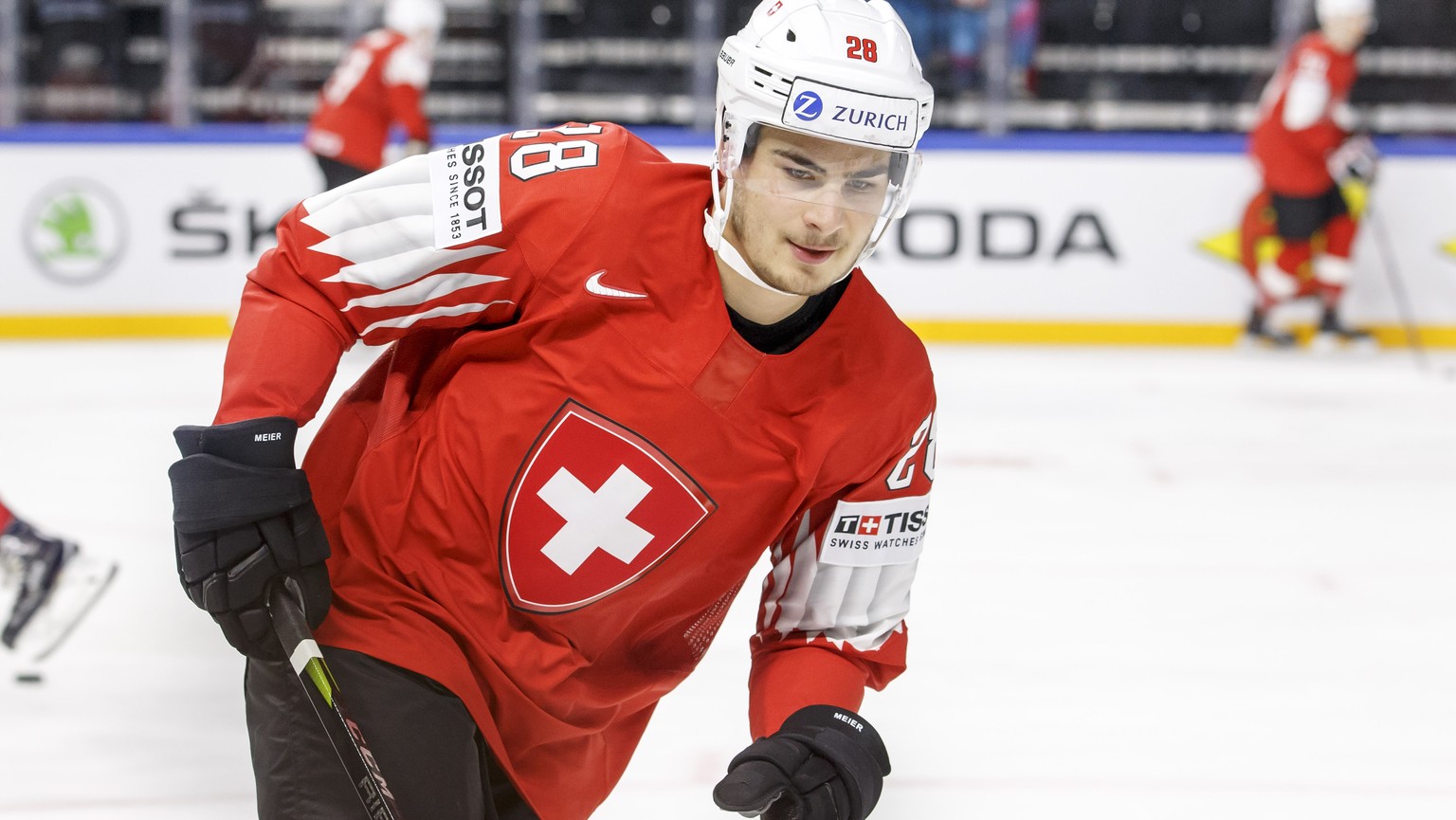 Switzerland&#039;s forward Timo Meier before the IIHF 2018 World Championship preliminary round game between Switzerland and Belarus, at the Royal Arena, in Copenhagen, Denmark, Wednesday, May 9, 2018 ...