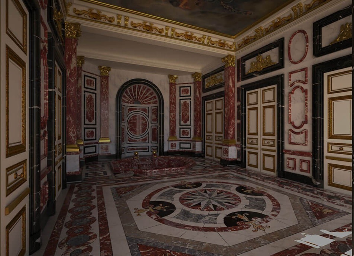 Une reconstitution en 3D d'une pièce de l'appartement de bains.