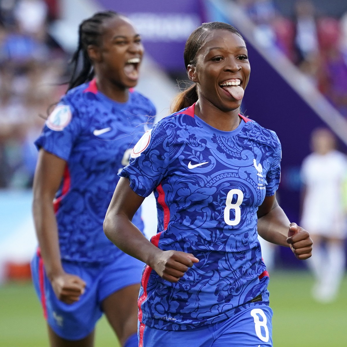 France's Grace Geyoro celebrates after scoring the opening goal during the Women Euro 2022 group D soccer match between France and Italy at New York Stadium in Rotherham, England, Sunday, July 10 ...