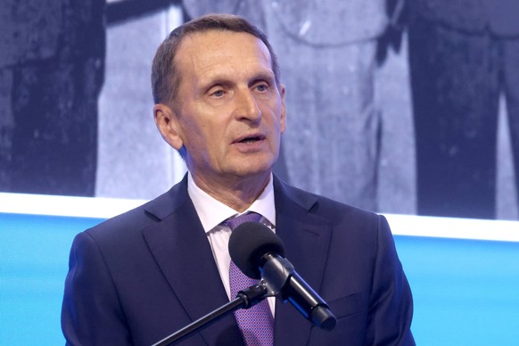 Russia: Conference marks 75th anniversary of first successful test of RDS-1 atomic bomb RUSSIA, MOSCOW - AUGUST 29, 2024: Sergei Naryshkin, chairman of the Russian Historical Society, speaks during a  ...