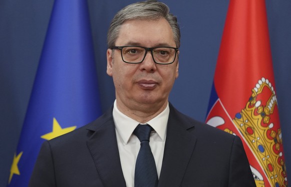 Serbian President Aleksandar Vucic attends a signing ceremony between Serbia and Hungary, in Belgrade, Serbia, Tuesday, April 1, 2025. (AP Photo/Darko Vojinovic)
Serbia Hungary
