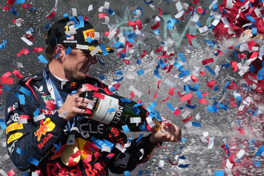 Red Bull driver Max Verstappen of the Netherlands celebrates on the podium after winning the Formula One U.S. Grand Prix auto race in Austin, Texas, Sunday, Oct. 19, 2025. (AP Photo/Eric Gay)
F1 US Gr ...