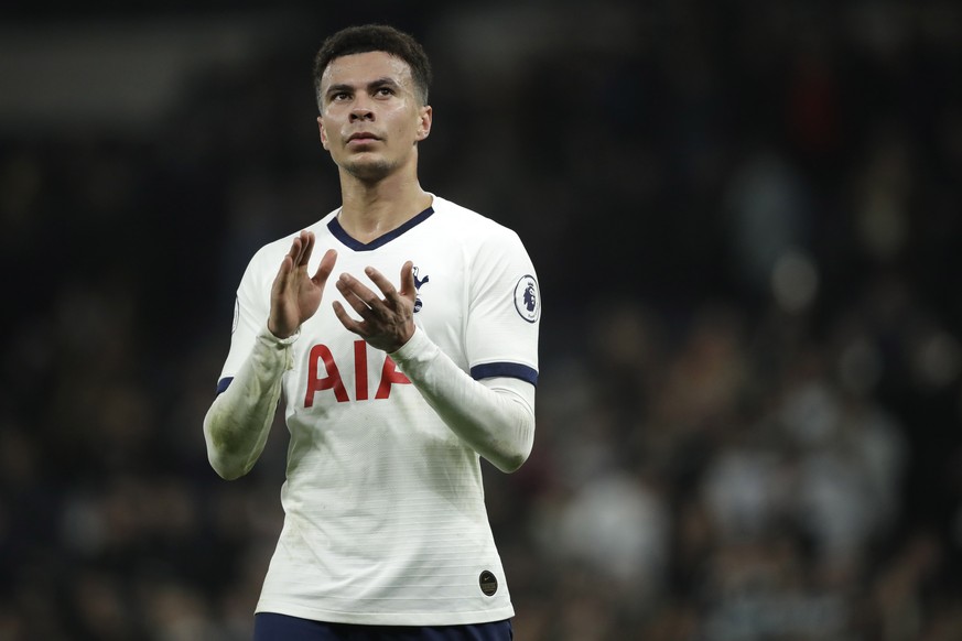 Tottenham's Dele Alli applauds fans after the end of the English Premier League soccer match between Tottenham Hotspur and Norwich City at the Tottenham Hotspur Stadium in London, England, Wednes ...