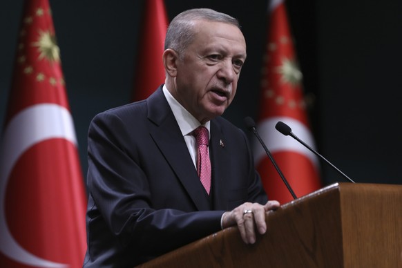 Turkey&#039;s President Recep Tayyip Erdogan speaks after he signed a decision confirming the election date, in Ankara, Turkey, Friday, March 10, 2023. Erdogan, who is seeking to extend his two decade ...