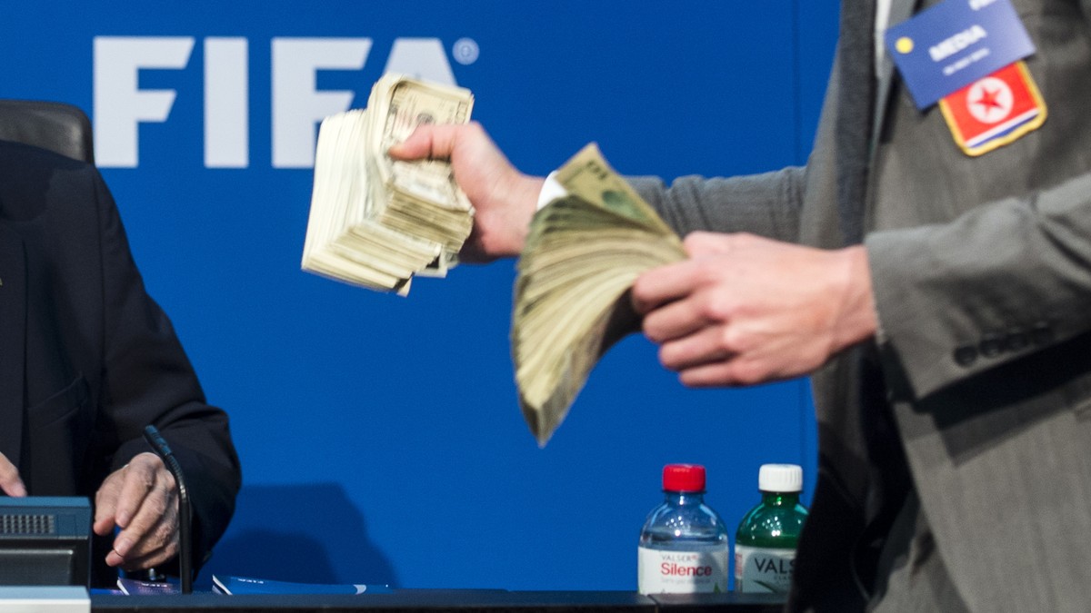 FIFA president Sepp Blatter, left, next to British comedian Simon Brodkin attends a news s conference at the FIFA headquarters in Zurich, Switzerland, Monday, July 20, 2015. Sepp Blatter's news c ...