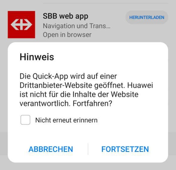 Die SBB-Anwendung steht in der AppGallery ebenfalls nur als Quick-App zur Verfügung.