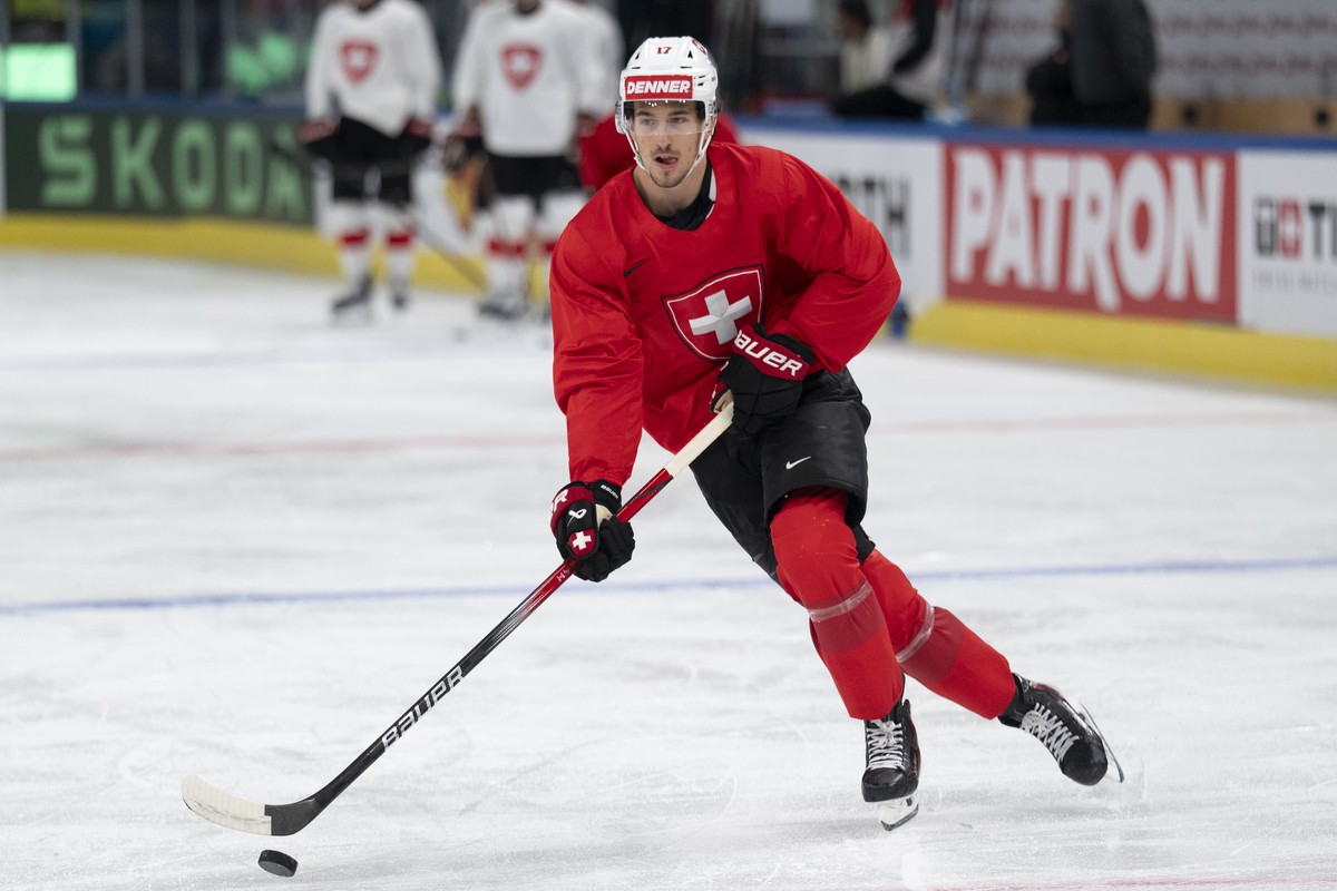 Ken Jaeger (CHE) in action during a training of team Switzerland ahead of the 2026 IIHF Ice Hockey World Championship in the Swiss Life Arena in Zurich, Switzerland on Thursday, 14. May 2026. (KEYSTON ...