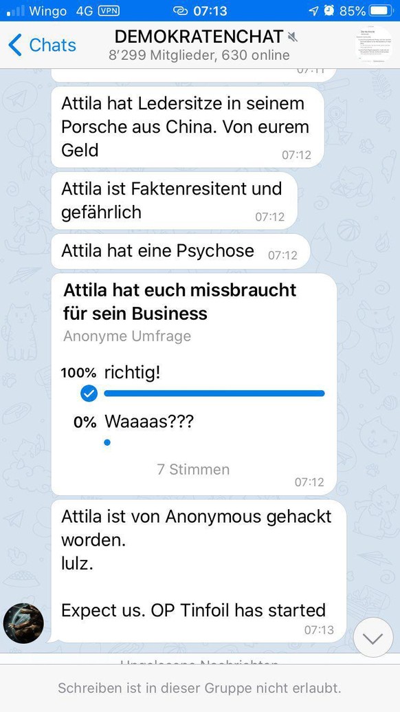 Anonymous übernimmt für eine Nacht die Telegram-Gruppe «Demokratenchat» von Verschwörungstheoretiker Attila Hildmann.