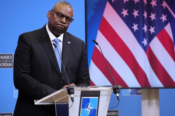 epa10914867 US Secretary of Defense Lloyd J. Austin III speaks to the press after the NATO Defense Ministers Council at the Alliance headquarters in Brussels, Belgium, 12 October 2023. NATO Defense Mi ...