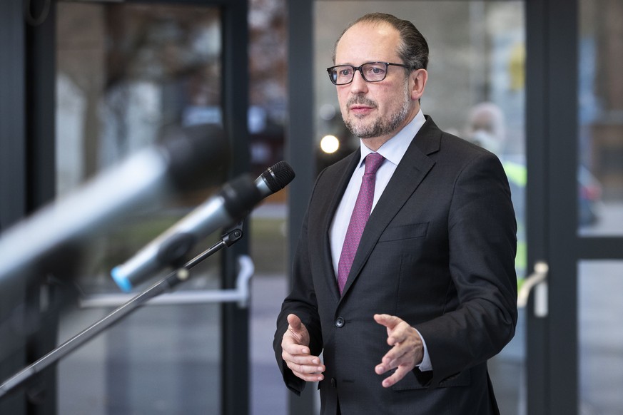 Austrian Chancellor Alexander Schallenberg talks at a press conference in Tulln, Austria, Wednesday, Dec. 1, 2021. Austria