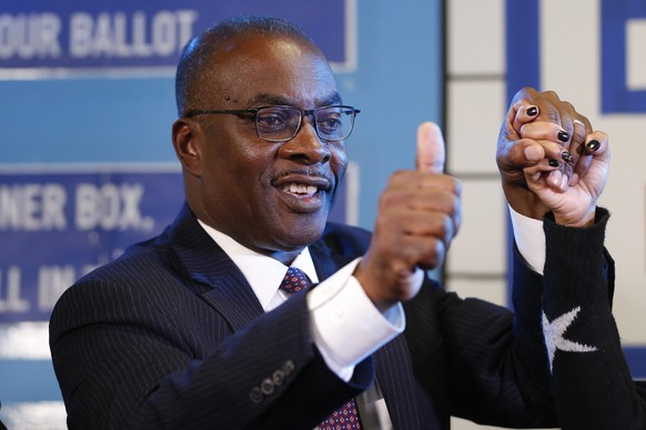 Buffalo incumbent Mayor Byron Brown speaks to supporters at his election night party, late Tuesday, Nov. 2, 2021, in Buffalo, N.Y. (AP Photo/Jeffrey T. Barnes)