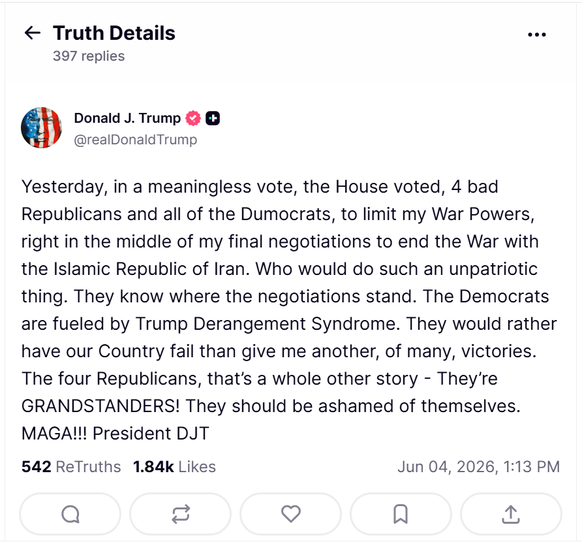 Donald Trump zu den abtrünnigen Republikaner über Truth Social